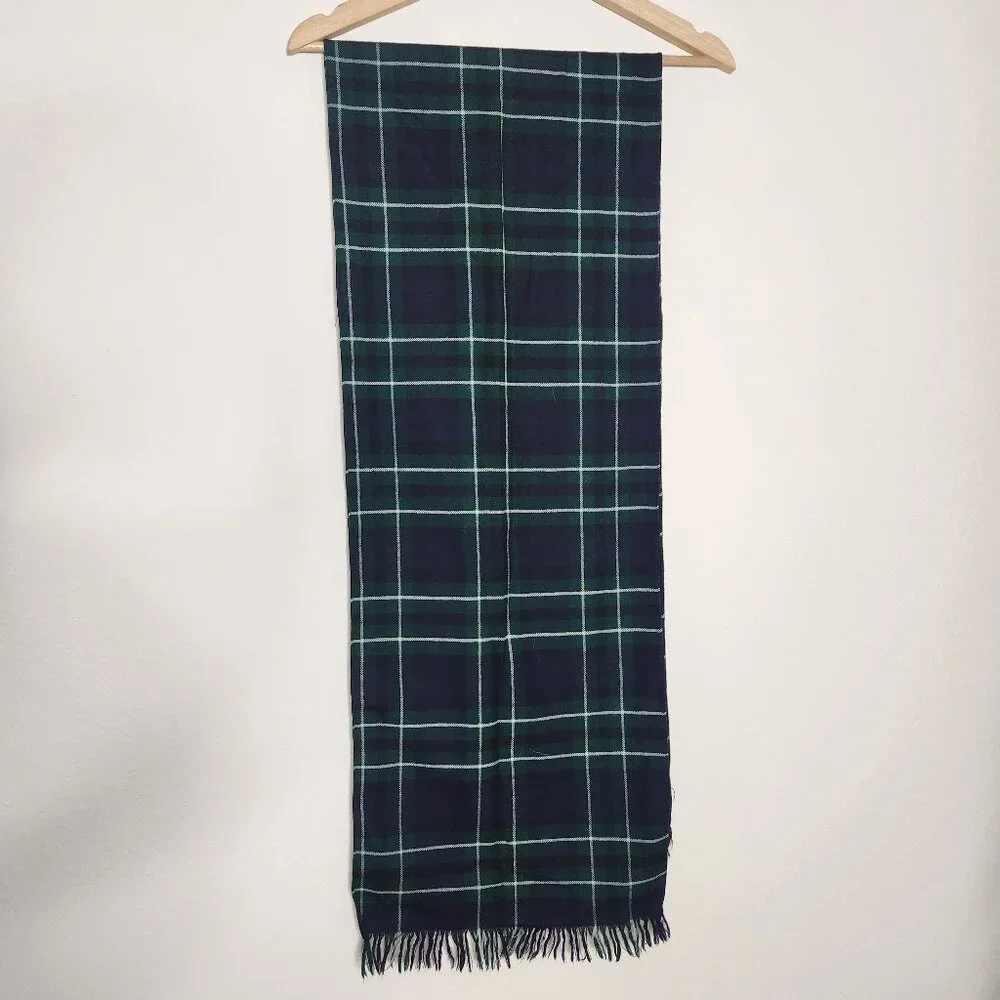 Tartan Plaid Green Black White Tasseled 100% Wool Scarf